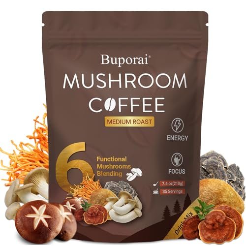 Bio Pilzkaffee Instant mit 6 Pilzen – Löwenmähne, Cordyceps, Truthahnschwanz & mehr für Energie, Fokus, Verdauung, Immunität, 35 Portionen