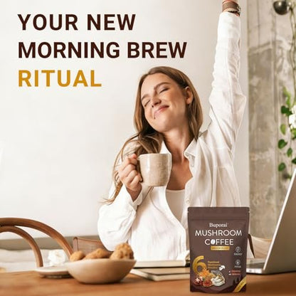 Bio Pilzkaffee Instant mit 6 Pilzen – Löwenmähne, Cordyceps, Truthahnschwanz & mehr für Energie, Fokus, Verdauung, Immunität, 35 Portionen