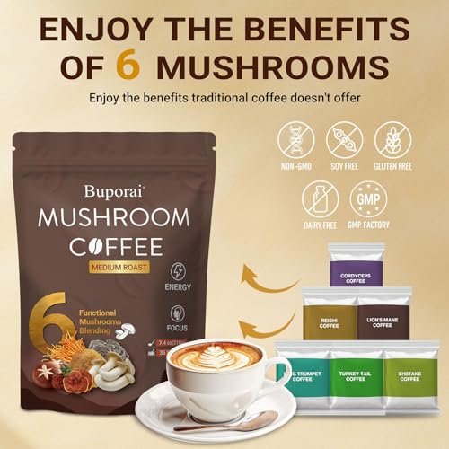 Bio Pilzkaffee Instant mit 6 Pilzen – Löwenmähne, Cordyceps, Truthahnschwanz & mehr für Energie, Fokus, Verdauung, Immunität, 35 Portionen