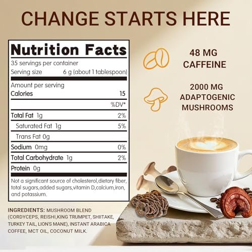 Bio Pilzkaffee Instant mit 6 Pilzen – Löwenmähne, Cordyceps, Truthahnschwanz & mehr für Energie, Fokus, Verdauung, Immunität, 35 Portionen
