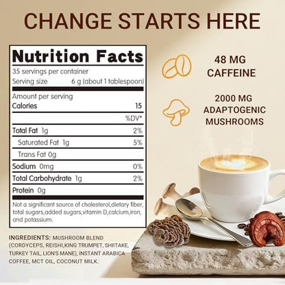 Bio Pilzkaffee Instant mit 6 Pilzen – Löwenmähne, Cordyceps, Truthahnschwanz & mehr für Energie, Fokus, Verdauung, Immunität, 35 Portionen