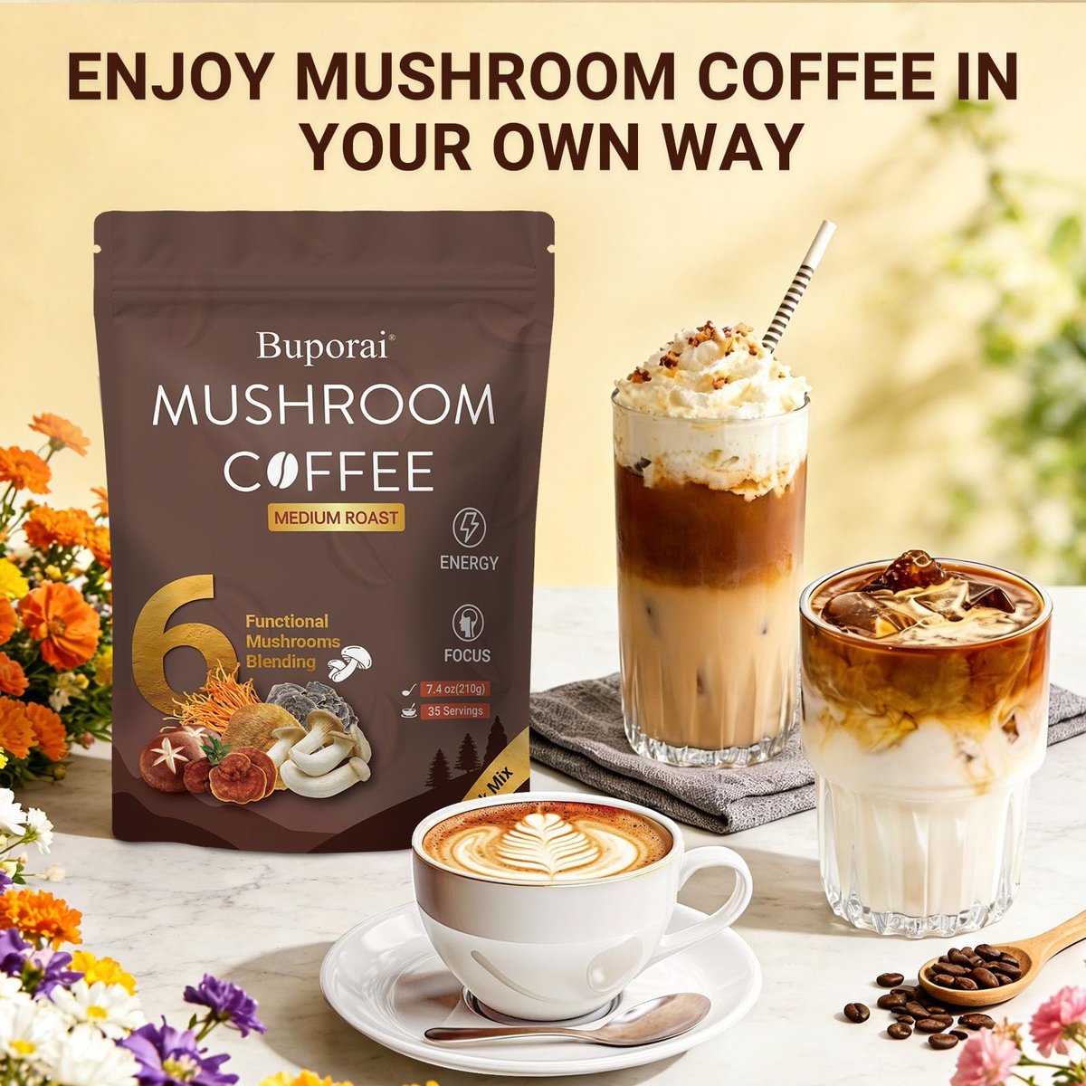 Bio Pilzkaffee Instant mit 6 Pilzen – Löwenmähne, Cordyceps, Truthahnschwanz & mehr für Energie, Fokus, Verdauung, Immunität, 35 Portionen
