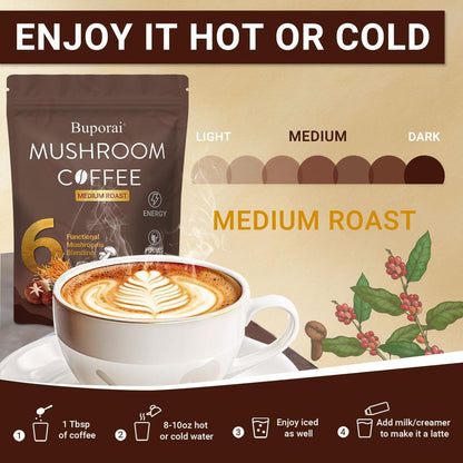 Bio Pilzkaffee Instant mit 6 Pilzen – Löwenmähne, Cordyceps, Truthahnschwanz & mehr für Energie, Fokus, Verdauung, Immunität, 35 Portionen