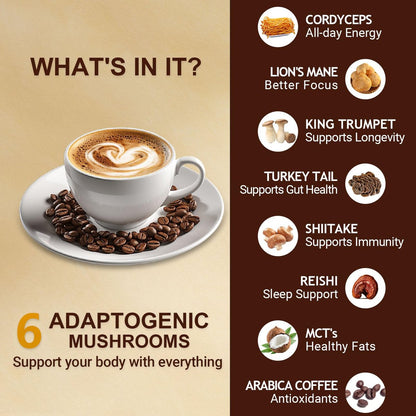 Bio Pilzkaffee Instant mit 6 Pilzen – Löwenmähne, Cordyceps, Truthahnschwanz & mehr für Energie, Fokus, Verdauung, Immunität, 35 Portionen