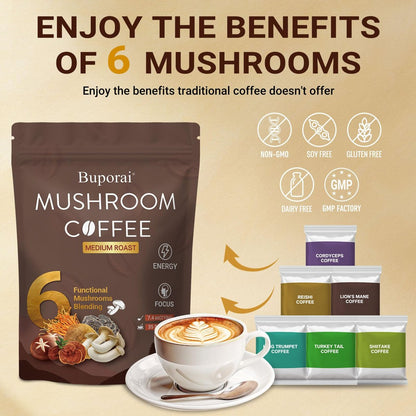 Bio Pilzkaffee Instant mit 6 Pilzen – Löwenmähne, Cordyceps, Truthahnschwanz & mehr für Energie, Fokus, Verdauung, Immunität, 35 Portionen