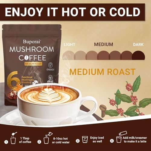Bio Pilzkaffee Instant mit 6 Pilzen – Löwenmähne, Cordyceps, Truthahnschwanz & mehr für Energie, Fokus, Verdauung, Immunität, 35 Portionen