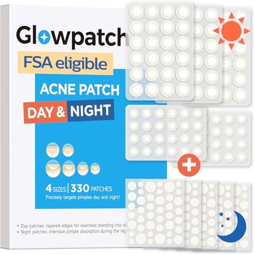 Glowpatch Pimple Patches für das Gesicht, Unsichtbare Akne-Pflaster 330 Stück, Ultra-dünne Pickel-Sticker für den Tag zur Abdeckung von Unreinheiten, Original Hydrokolloid Zit Patch 4 Größen für die Nachtpflege (Tag + Nacht)