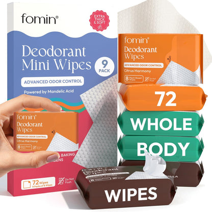 FOMIN Säurehaltige Reise-Deodorant-Tücher für Damen & Herren – Variety Pack – 72 Stück – pH-ausgeglichene, biologisch abbaubare Mini-Deo-Tücher – Plastikfreie Unterarm- und Körperpflegetücher
