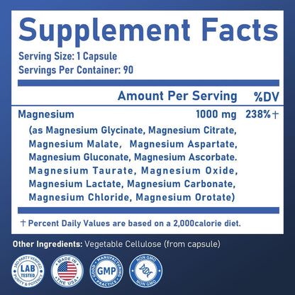 12-in-1 Magnesium Komplex – 1000 mg mit Glycinat, Citrat, Malat, L-Threonat, Taurat – 90 Kapseln für 90 Tage – Vegan &amp; leicht zu schlucken