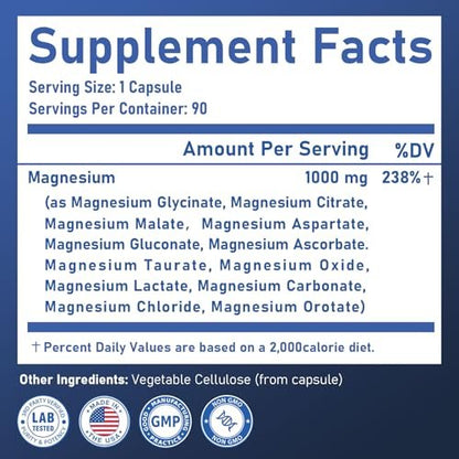 12-in-1 Magnesium Komplex – 1000 mg mit Glycinat, Citrat, Malat, L-Threonat, Taurat – 90 Kapseln für 90 Tage – Vegan &amp; leicht zu schlucken