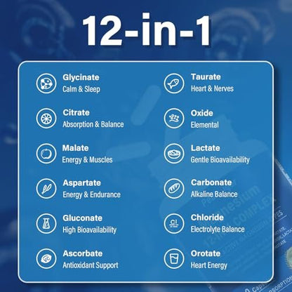 12-in-1 Magnesium Komplex – 1000 mg mit Glycinat, Citrat, Malat, L-Threonat, Taurat – 90 Kapseln für 90 Tage – Vegan &amp; leicht zu schlucken