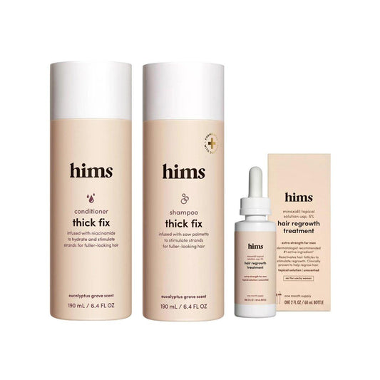 Hims Thick Fix Shampoo & Conditioner Set für gesundes Haarwachstum und Verdickung – Eukalyptusduft, 2x 190 ml & Hims Minoxidil 5% topische Lösung, Haarausfallbehandlung für Männer, 60 ml