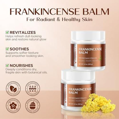 Vigority Weihrauch Balsam: Restorative Feuchtigkeitscreme für trockene, reife & rissige Haut – Glättet alternde Haut mit Helichrysum & Bakuchiol – Hydratisiert, pflegt & revitalisiert für Gesicht & Körper – 100 ml