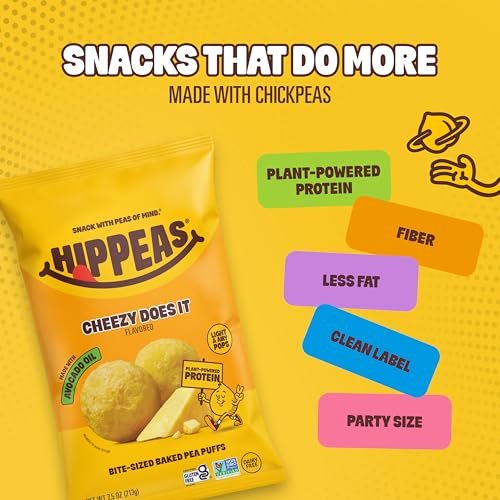 Hippeas Pops Erbsenprotein-Puffs, Cheezy Does It, 1 x 212 g Beutel, gebackene luftige Snacks, 3 g pflanzliches Protein, mit Avocadoöl, 50 % weniger Fett, laktose- & glutenfrei, Non-GMO, frei von den Top 9 Allergenen
