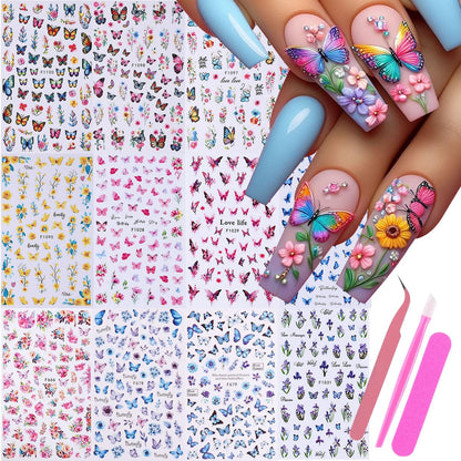 Butterfly Nail Art Sticker Decals 14 Stück – 3D Selbstklebende Frühlingsblumen-Nagelaufkleber mit Pinzette, Bunte Schmetterlingsdesigns für Nageldekoration Maniküre Zubehör für Frauen