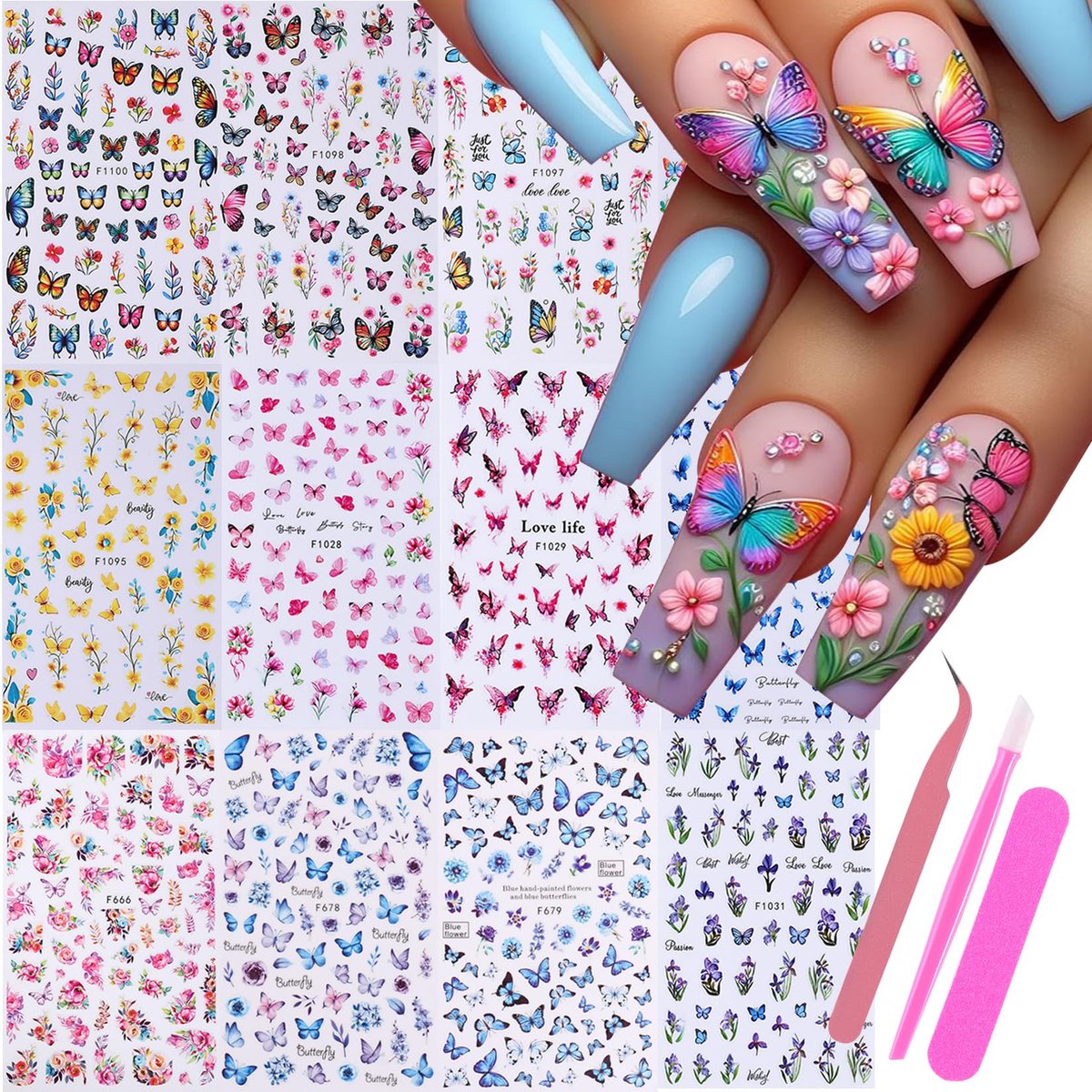 Butterfly Nail Art Sticker Decals 14 Stück – 3D Selbstklebende Frühlingsblumen-Nagelaufkleber mit Pinzette, Bunte Schmetterlingsdesigns für Nageldekoration Maniküre Zubehör für Frauen