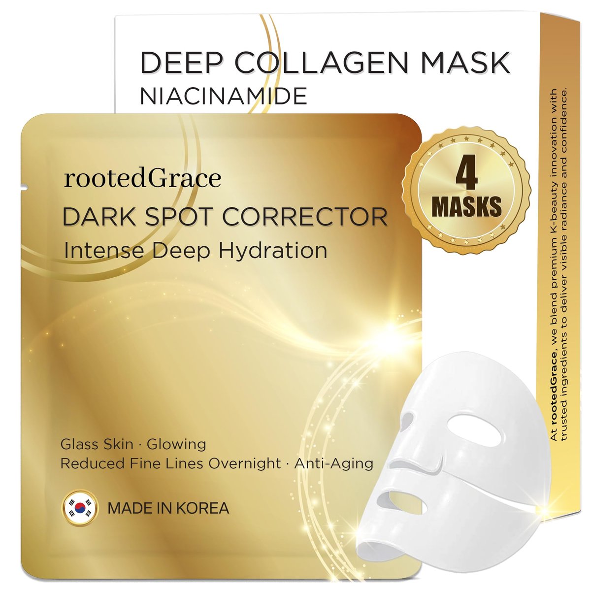 RootedGrace Deep Collagen Face Mask Overnight Hydrogel Korean Skincare – Dunkle Flecken Korrektor & Niacinamid – Feuchtigkeitsspendende Porenverfeinernde Glass Skin Anti-Aging | 0,88 Unzen (25g) x 4 Stück