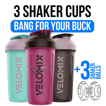 VELOMIX 3er-Pack Protein Shaker Flaschen 14 oz – Auslaufsicher, mit Drahtschneebesen, stapelbar, spülmaschinenfest (Gemischte Farben)