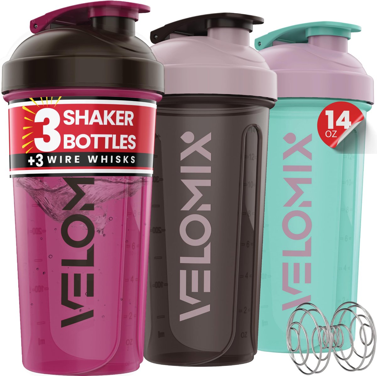 VELOMIX 3er-Pack Protein Shaker Flaschen 14 oz – Auslaufsicher, mit Drahtschneebesen, stapelbar, spülmaschinenfest (Gemischte Farben)