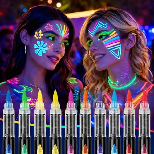 10 Farben Glow in the Dark Körperbemalungsmarker, fluoreszierende UV-Gesichts- und Körperbemalungsstifte für Erwachsene, Halloween, Cosplay, Kunst, Weihnachten, abwaschbare Tattoo-Marker für die Haut