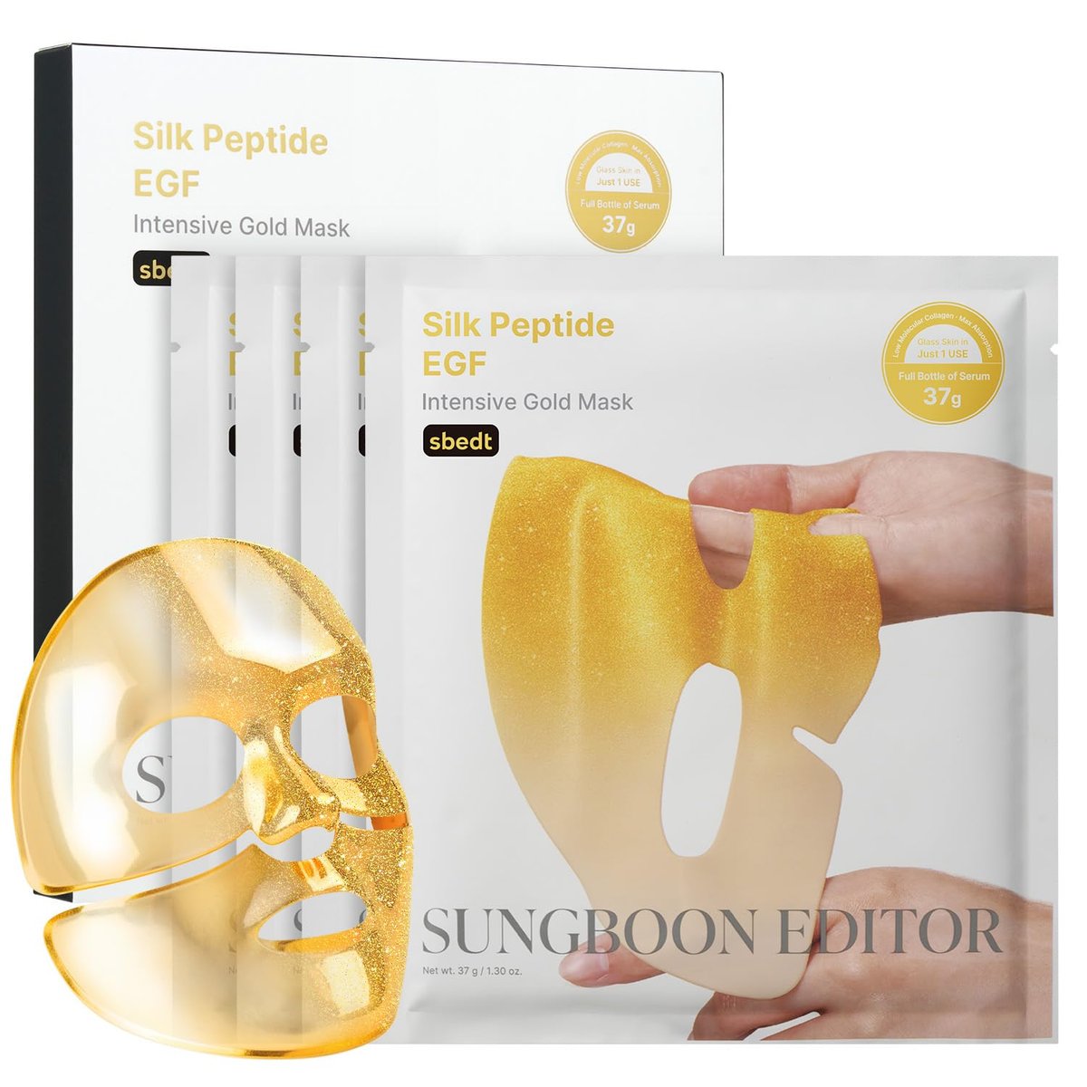 SUNGBOON EDITOR Silk Peptide EGF Intensive Gold Overnight Mask – Feuchtigkeitsspendende Maske für Glas-Haut, 31 Multi-Peptide (Kupferpeptide) + 24K Gold & Kollagen, Koreanische Hautpflege, 4 Stück | Geschenke für Frauen