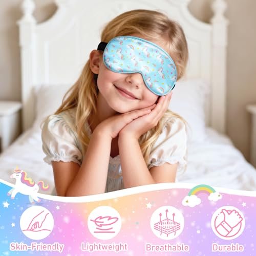OlyPegic 2-teilige Kinder-Schlafmaske Einhorn – Seidige Augenmaske für Mädchen mit verstellbarem Band, weich & leicht, blockiert Licht, für Reisen und Zuhause