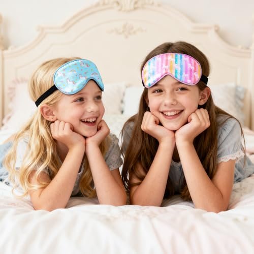 OlyPegic 2-teilige Kinder-Schlafmaske Einhorn – Seidige Augenmaske für Mädchen mit verstellbarem Band, weich & leicht, blockiert Licht, für Reisen und Zuhause