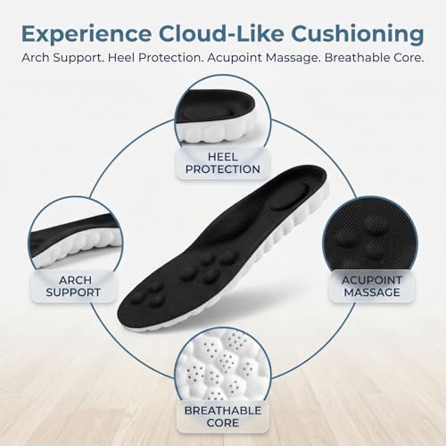 Fuetpl Stepper Einlegesohlen für Damen & Herren – Cloud-Insoles mit 4D Memory Foam, Fußgewölbestütze, Anti-Ermüdung & Komfort, stoßdämpfend, atmungsaktiv für Laufen & Gehen (Schwarz, Herren 10-10.5/Damen 11-11.5)