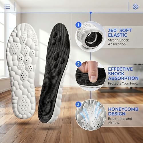 Fuetpl Stepper Einlegesohlen für Damen & Herren – Cloud-Insoles mit 4D Memory Foam, Fußgewölbestütze, Anti-Ermüdung & Komfort, stoßdämpfend, atmungsaktiv für Laufen & Gehen (Schwarz, Herren 10-10.5/Damen 11-11.5)