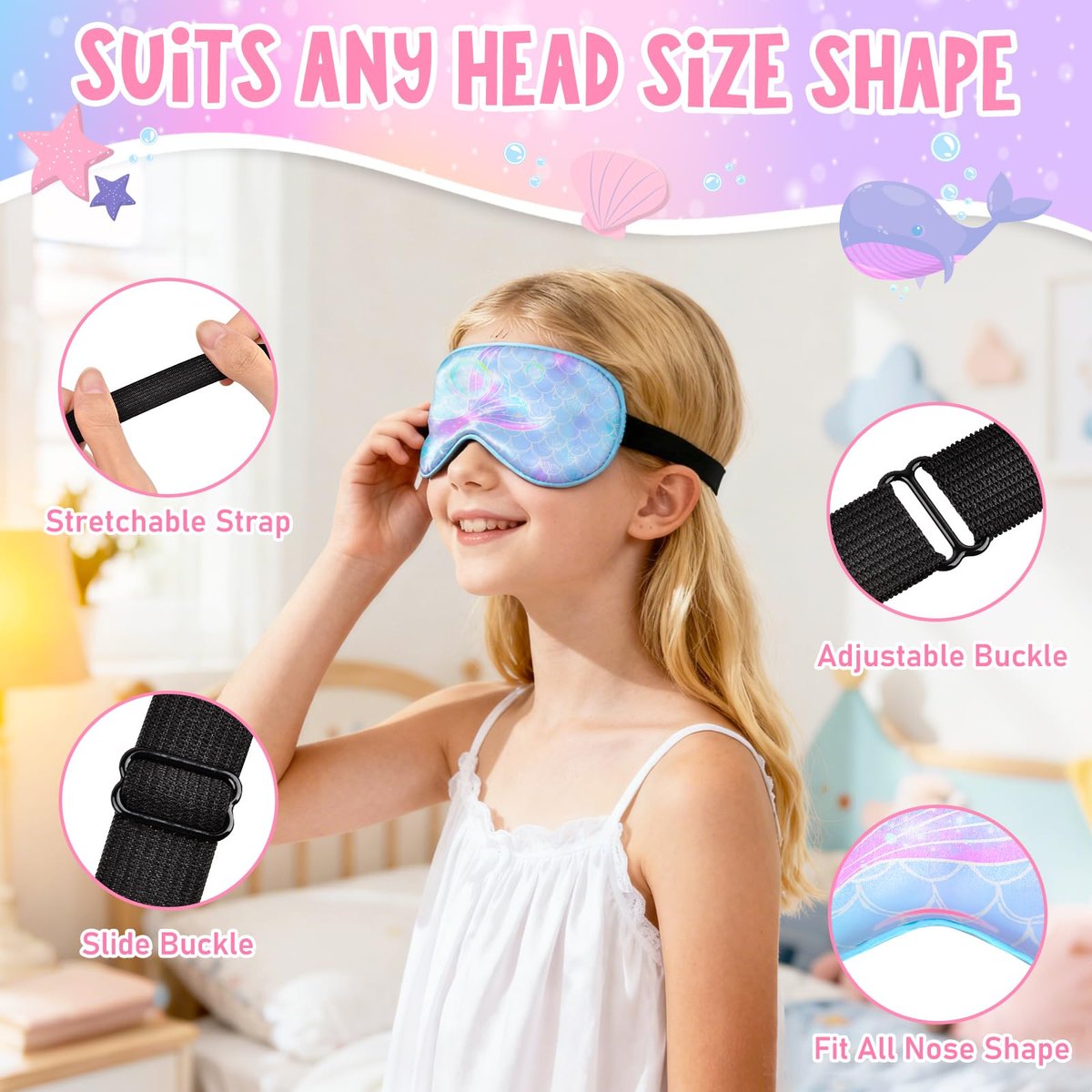 OlyPegic 2 Stücke Kinder Schlafmaske Mädchen Seidenaugenmaske Schlafen mit verstellbarem Riemen Weiche Leichte Augenabdeckung Schlafmaske Lichtblockierung für Reisen und Zuhause Mädchen Teenager Regenbogen Einhorn