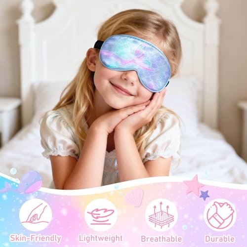 OlyPegic 2 Stücke Kinder Schlafmaske Mädchen Seidenaugenmaske Schlafen mit verstellbarem Riemen Weiche Leichte Augenabdeckung Schlafmaske Lichtblockierung für Reisen und Zuhause Mädchen Teenager Regenbogen Einhorn