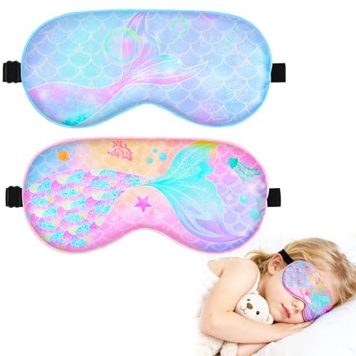 OlyPegic 2 Stücke Kinder Schlafmaske Mädchen Seidenaugenmaske Schlafen mit verstellbarem Riemen Weiche Leichte Augenabdeckung Schlafmaske Lichtblockierung für Reisen und Zuhause Mädchen Teenager Regenbogen Einhorn