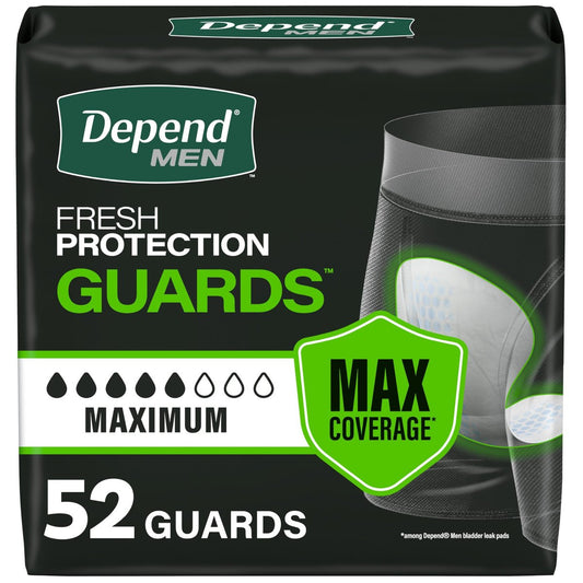 Depend Guards Inkontinenz-Einlagen für Männer, maximale Saugfähigkeit, 52 Stück, Verpackung kann variieren