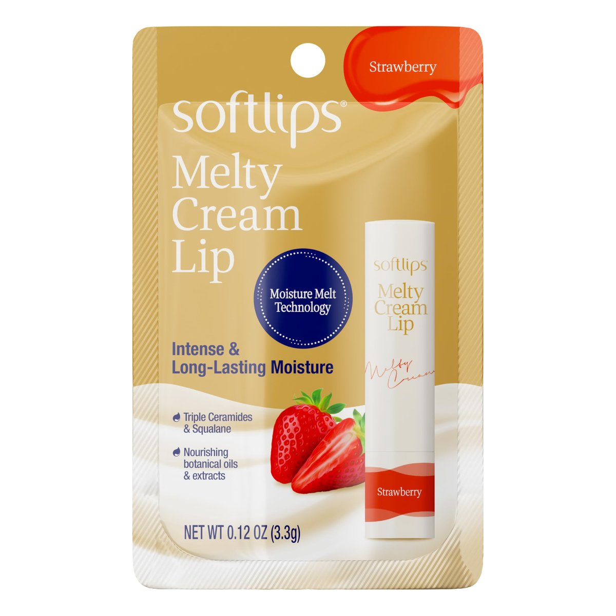 Softlips Melty Cream Feuchtigkeitsspendender Lippenbalsam, Erdbeergeschmack, Lang anhaltende Pflege für trockene, rissige Lippen, Geschmeidiger, nicht klebender Finish, 0,12 oz