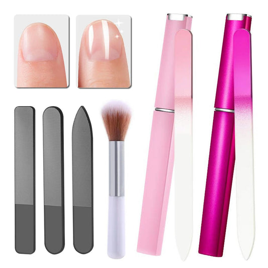 5-teiliges Glas-Nagelfeilen-Set für Natürliche Nägel – 2 Kristall-Glasfeilen mit Etui + 3 Nano-Glas-Nagelschwinger – Doppelseitig geätzte Nagelfeile für Nagelpflege, Maniküre, Salon, Reise & Zuhause