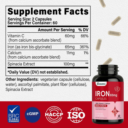 Eisenpräparat - 65 mg hochabsorbierbares Eisenbisglycinat mit Vitamin C, Calcium, magenfreundliche Eisenkapseln für Frauen und Männer - Non GMO & glutenfrei, 60 Kapseln