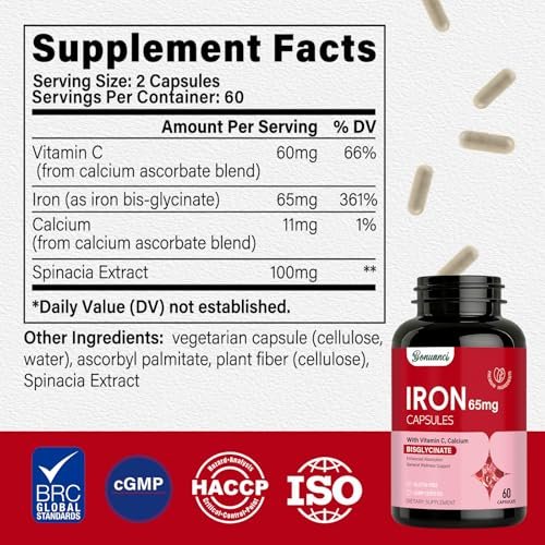 Eisenpräparat - 65 mg hochabsorbierbares Eisenbisglycinat mit Vitamin C, Calcium, magenfreundliche Eisenkapseln für Frauen und Männer - Non GMO & glutenfrei, 60 Kapseln