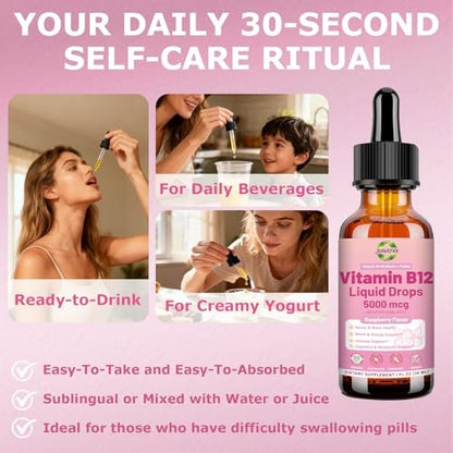 Flüssige Vitamin B12 Tropfen 5000 mcg – Hochdosiertes Methylcobalamin mit B1, B6, B3, Folsäure & Niacin – Schnelle Aufnahme Sublingual B-12 Tropfen für Energiestoffwechsel & Gehirnfunktion, Veganer B-Komplex