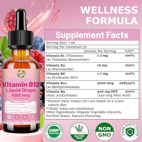 Flüssige Vitamin B12 Tropfen 5000 mcg – Hochdosiertes Methylcobalamin mit B1, B6, B3, Folsäure & Niacin – Schnelle Aufnahme Sublingual B-12 Tropfen für Energiestoffwechsel & Gehirnfunktion, Veganer B-Komplex