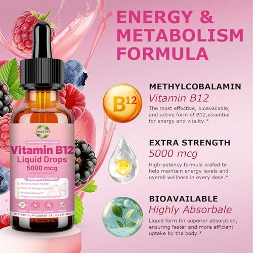 Flüssige Vitamin B12 Tropfen 5000 mcg – Hochdosiertes Methylcobalamin mit B1, B6, B3, Folsäure & Niacin – Schnelle Aufnahme Sublingual B-12 Tropfen für Energiestoffwechsel & Gehirnfunktion, Veganer B-Komplex