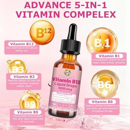 Flüssige Vitamin B12 Tropfen 5000 mcg – Hochdosiertes Methylcobalamin mit B1, B6, B3, Folsäure & Niacin – Schnelle Aufnahme Sublingual B-12 Tropfen für Energiestoffwechsel & Gehirnfunktion, Veganer B-Komplex
