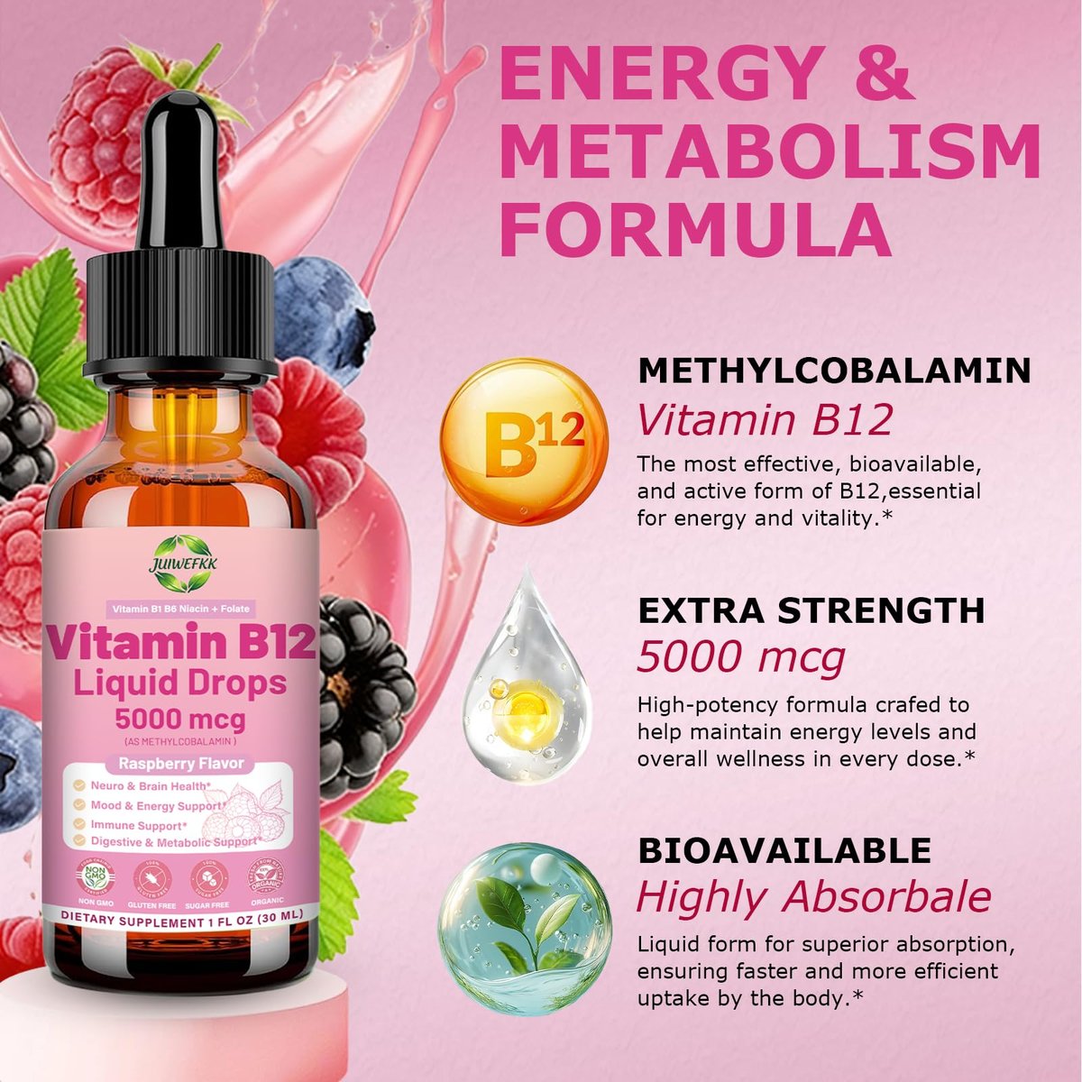 Flüssige Vitamin B12 Tropfen 5000 mcg – Hochdosiertes Methylcobalamin mit B1, B6, B3, Folsäure & Niacin – Schnelle Aufnahme Sublingual B-12 Tropfen für Energiestoffwechsel & Gehirnfunktion, Veganer B-Komplex