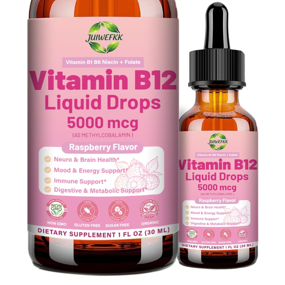 Flüssige Vitamin B12 Tropfen 5000 mcg – Hochdosiertes Methylcobalamin mit B1, B6, B3, Folsäure & Niacin – Schnelle Aufnahme Sublingual B-12 Tropfen für Energiestoffwechsel & Gehirnfunktion, Veganer B-Komplex