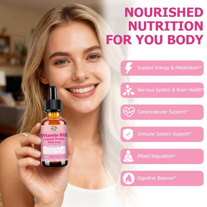 Flüssige Vitamin B12 Tropfen 5000 mcg – Hochdosiertes Methylcobalamin mit B1, B6, B3, Folsäure & Niacin – Schnelle Aufnahme Sublingual B-12 Tropfen für Energiestoffwechsel & Gehirnfunktion, Veganer B-Komplex