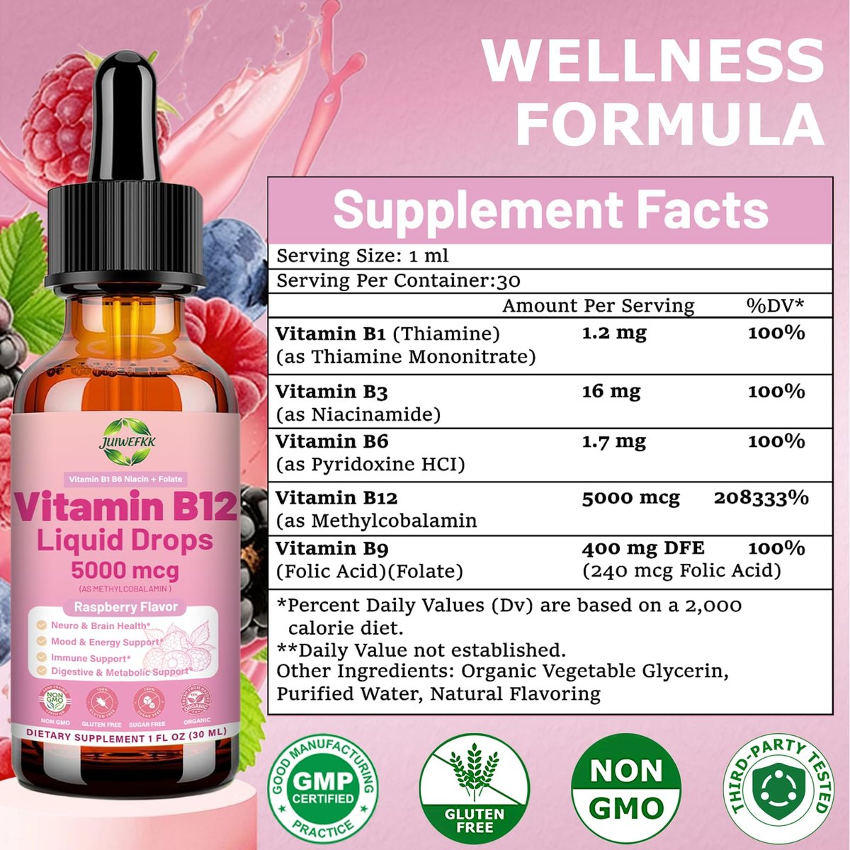 Flüssige Vitamin B12 Tropfen 5000 mcg – Hochdosiertes Methylcobalamin mit B1, B6, B3, Folsäure & Niacin – Schnelle Aufnahme Sublingual B-12 Tropfen für Energiestoffwechsel & Gehirnfunktion, Veganer B-Komplex