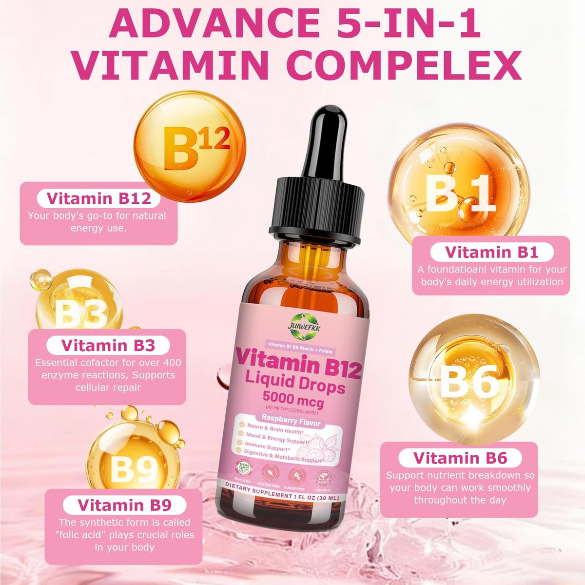 Flüssige Vitamin B12 Tropfen 5000 mcg – Hochdosiertes Methylcobalamin mit B1, B6, B3, Folsäure & Niacin – Schnelle Aufnahme Sublingual B-12 Tropfen für Energiestoffwechsel & Gehirnfunktion, Veganer B-Komplex