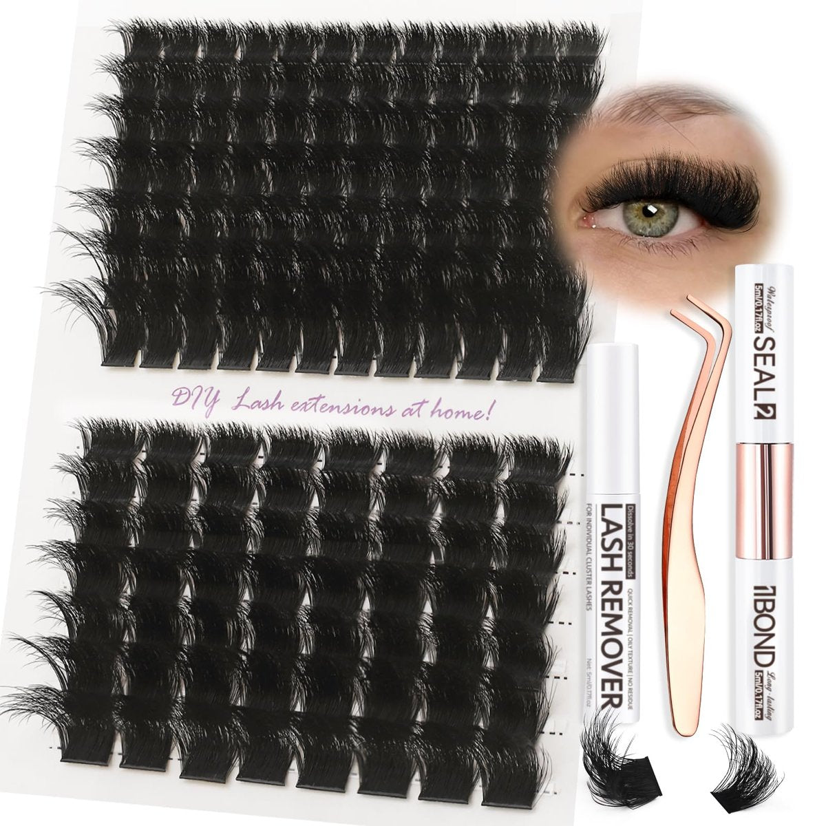 Burhhoi Fluffy Lash Cluster Kit 180D + 280D Mega Volume, 10–20 mm gemischte Längen, dicke Wimpernverlängerung für dramatischen Glam-Look, weiches Matt-Schwarz mit Bond & Seal, Pinzette & Entferner