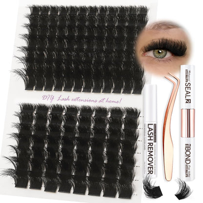 Burhhoi Fluffy Lash Cluster Kit 180D + 280D Mega Volume, 10–20 mm gemischte Längen, dicke Wimpernverlängerung für dramatischen Glam-Look, weiches Matt-Schwarz mit Bond & Seal, Pinzette & Entferner