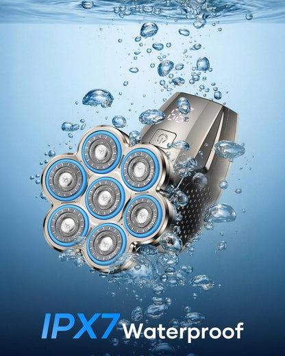 7D Kopfrasierer für Glatzköpfige Männer, 5-in-1 Magnetisch Abnehmbarer Rasierer, IPX7 Wasserdichter Elektrorasierer für Nass-/Trockenanwendung, Rasier- und Pflegeset mit LED-Anzeige, Typ-C-Ladung