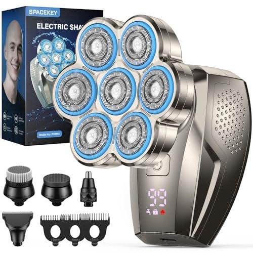 7D Kopfrasierer für Glatzköpfige Männer, 5-in-1 Magnetisch Abnehmbarer Rasierer, IPX7 Wasserdichter Elektrorasierer für Nass-/Trockenanwendung, Rasier- und Pflegeset mit LED-Anzeige, Typ-C-Ladung